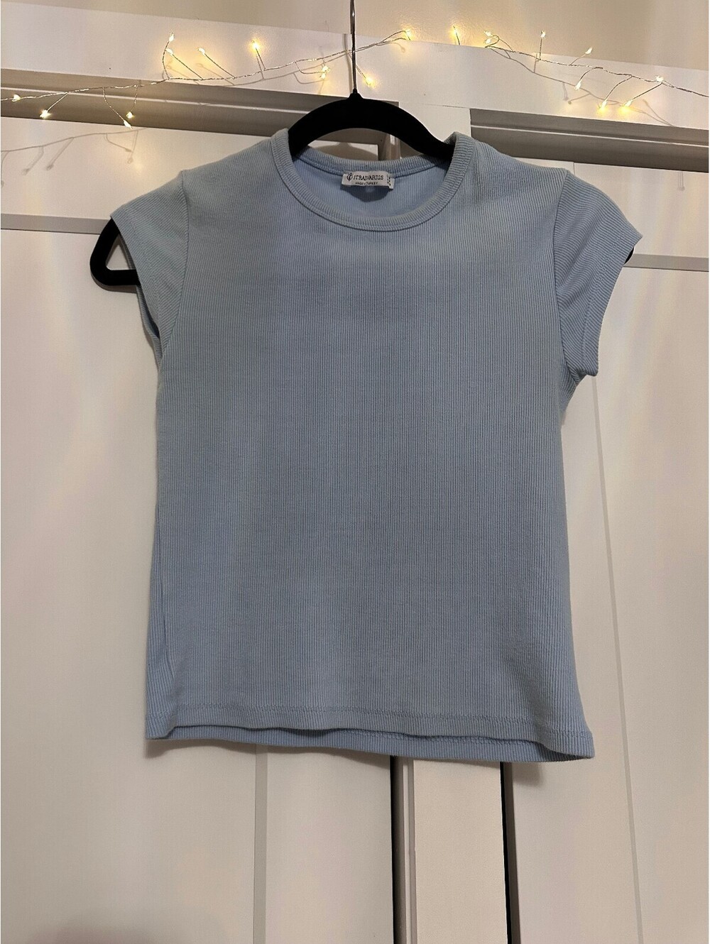 Stradivarius Light Blue Ribbed Short Sleeve Crop Top